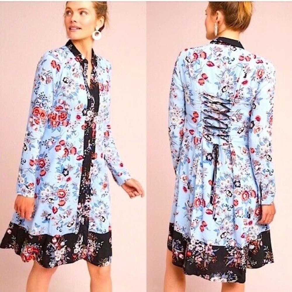 Anthropologie Maeve Leyster boho Dress Blue Floral Lace Up Back